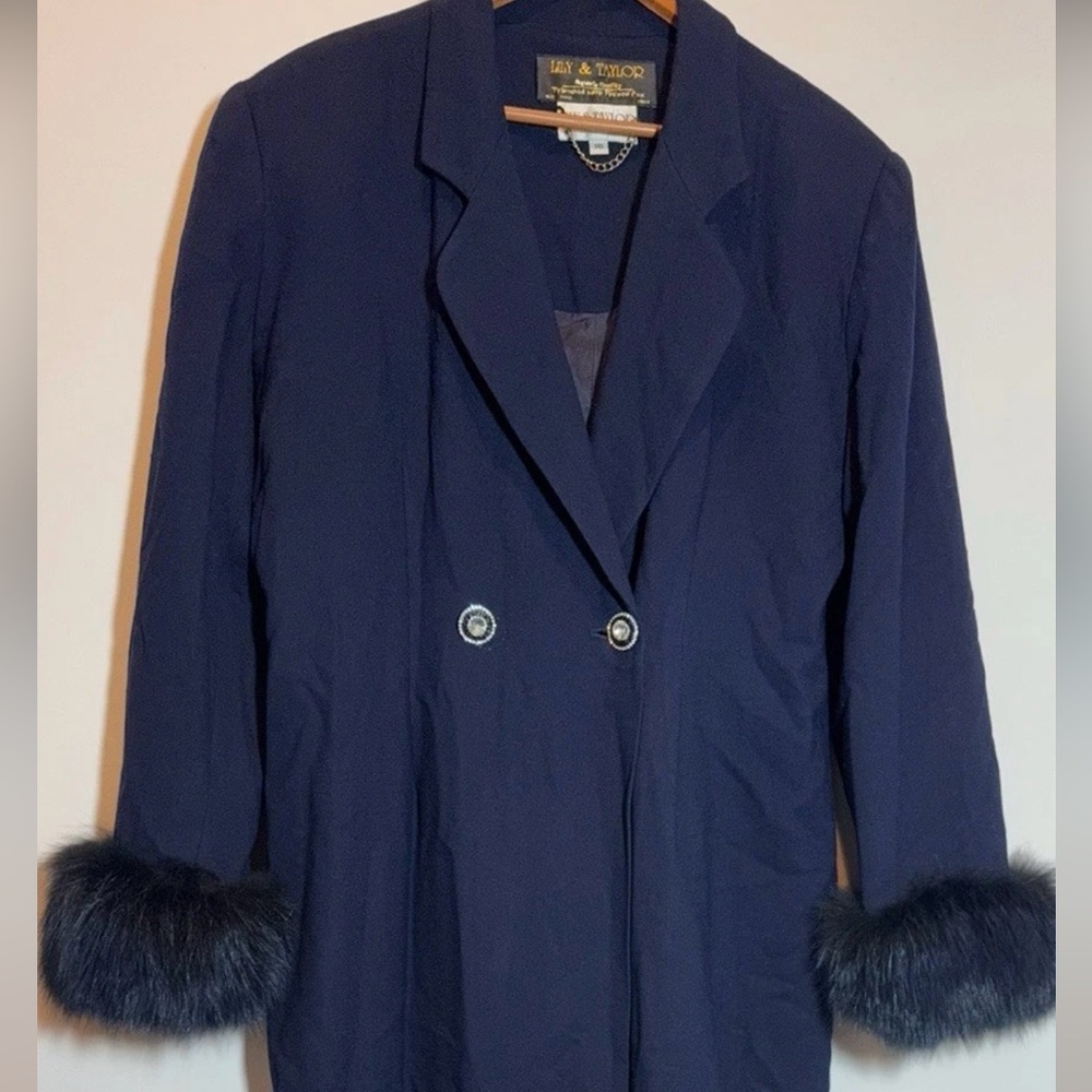 Vintage Lily & Taylor Navy Wool Dress Coat Fox Fur Cuffs Size 16